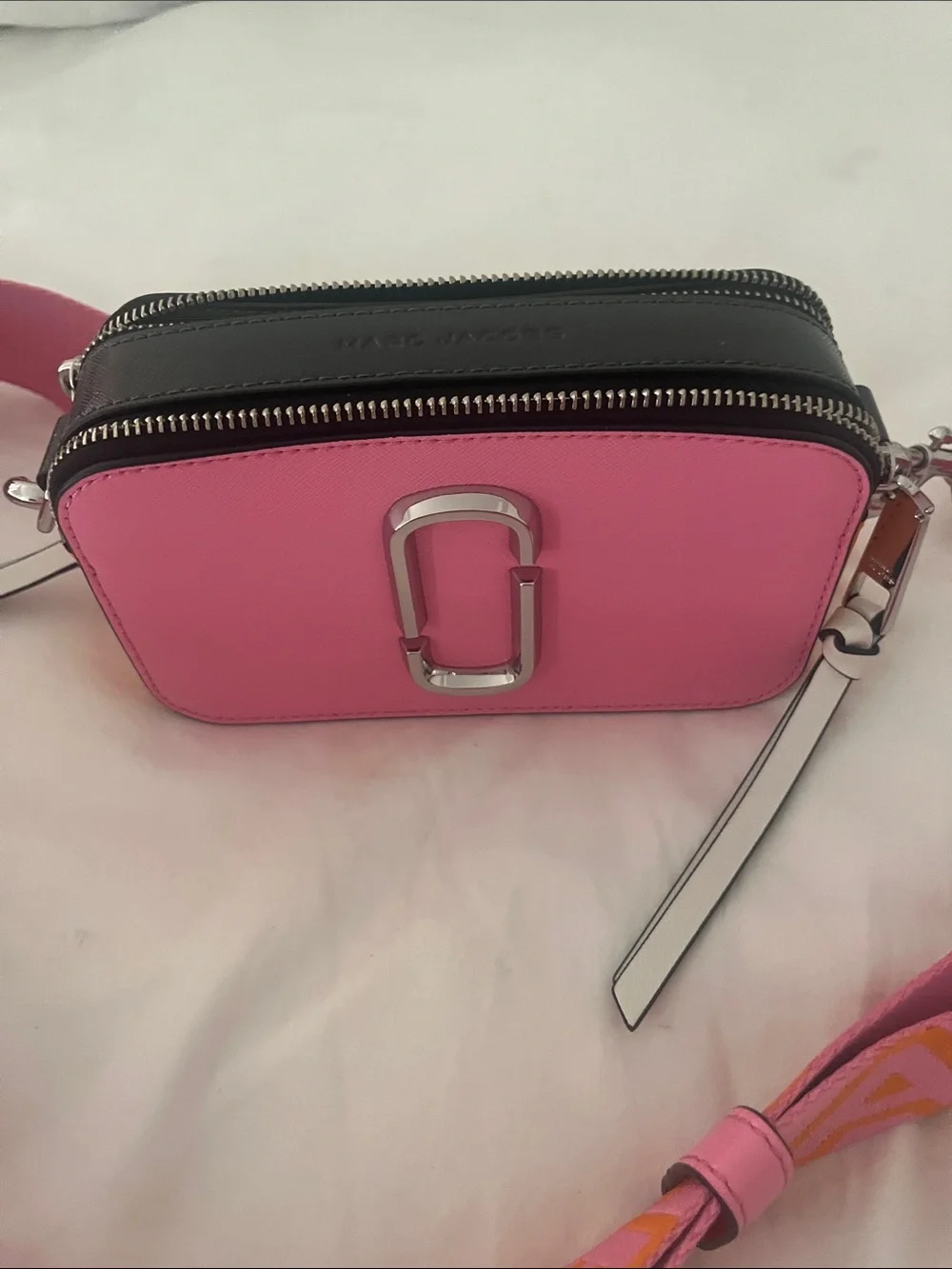 Marc Jacobs Pink Leather Snapshot with Pink & Orange Logo Strap